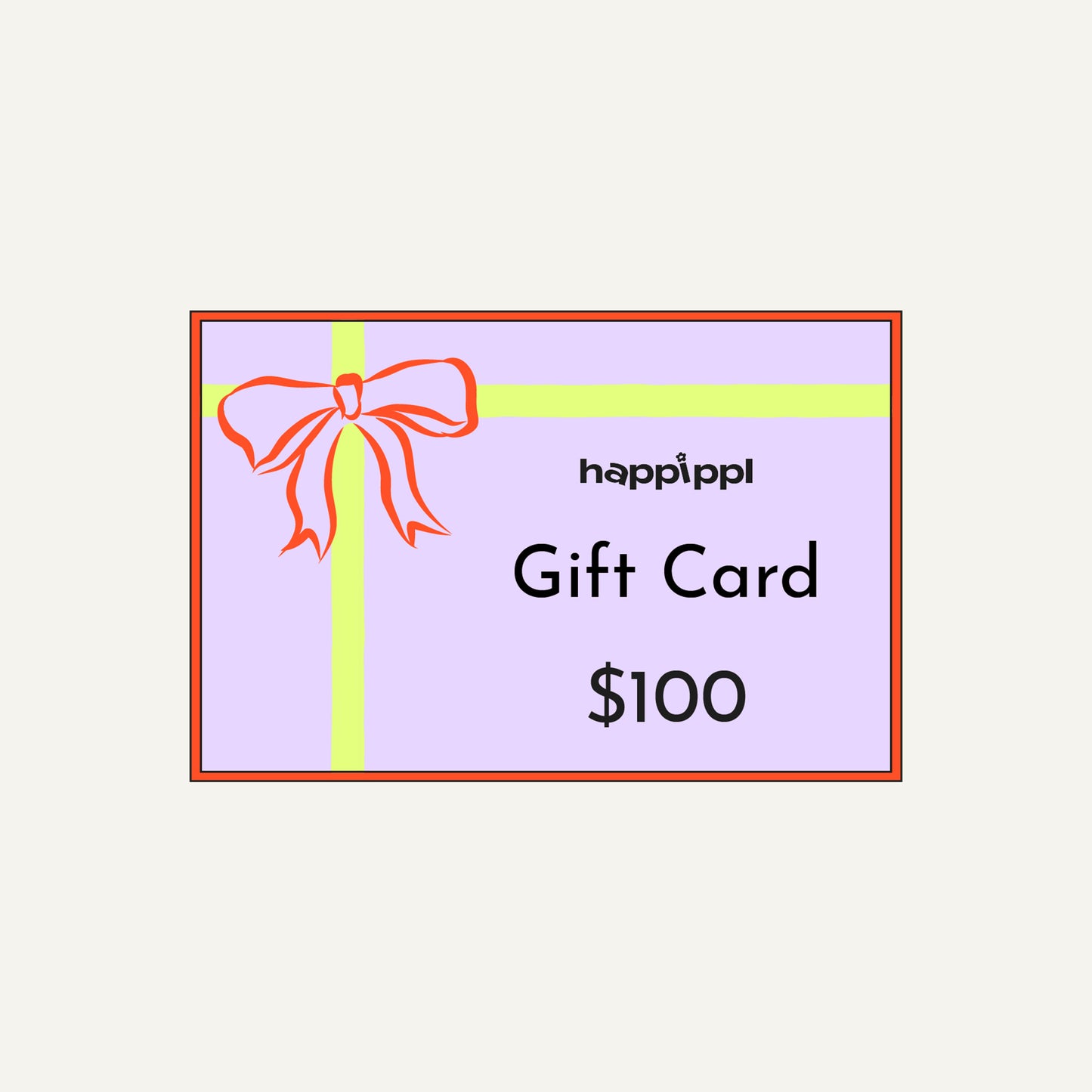 A $100 digital gift card from Happippl, featuring a beautifully designed purple background with a red bow and lime green ribbon. A versatile gift option for lovers of hand-designed stationery and customizable products.