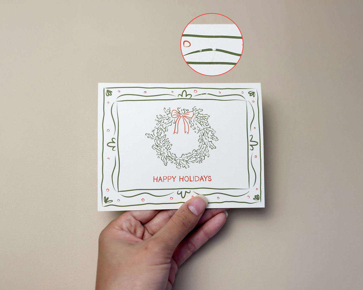 Front of the "Happy Holidays" card showing a slight printing flaw in the holiday wreath design. Sold as a B-grade card.