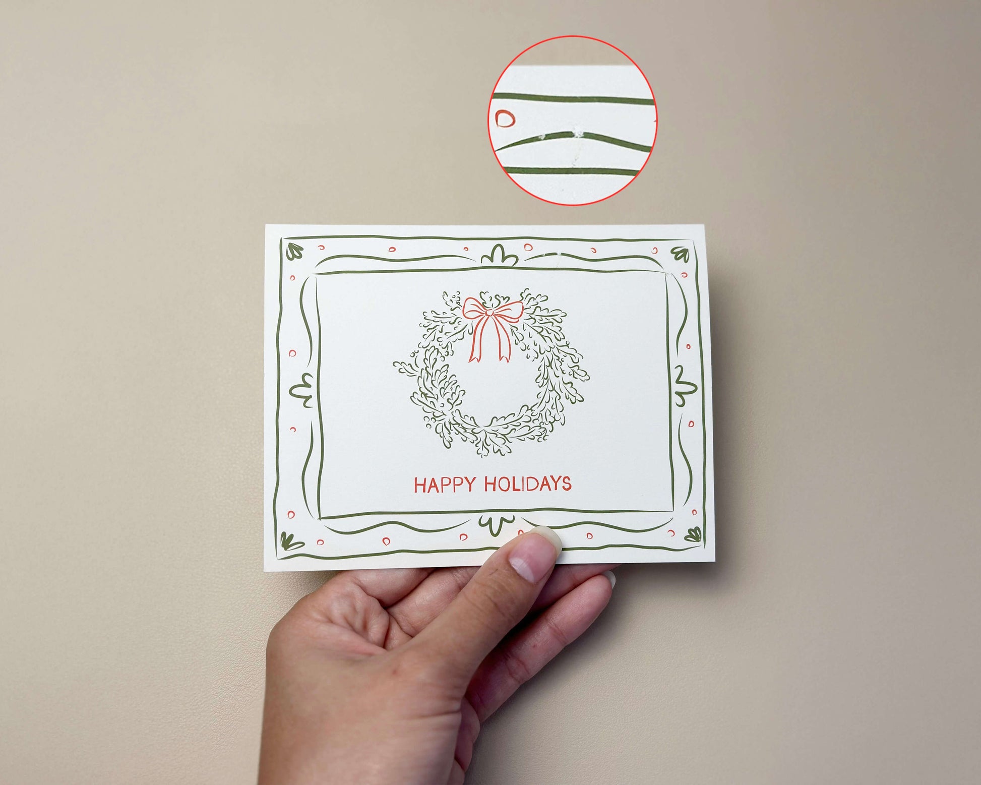 Front of the "Happy Holidays" card showing a slight printing flaw in the holiday wreath design. Sold as a B-grade card.